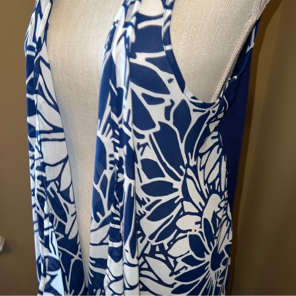 C Brand Knit Open Cardigan Floral Pattern Size L Blue w/ White Sleeveless Poly - Picture 10 of 11
